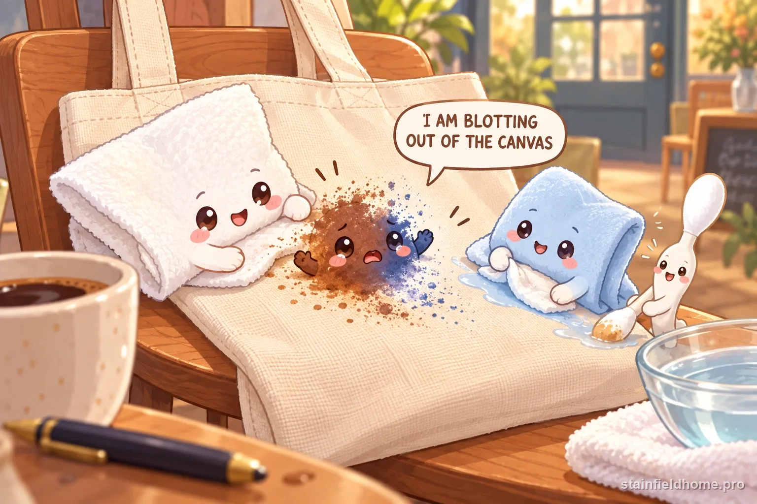 The ink and coffee character fades beside cleaning supplies for canvas tote bag, with a speech bubble reading “I AM BLOTTING OUT OF THE CANVAS”.