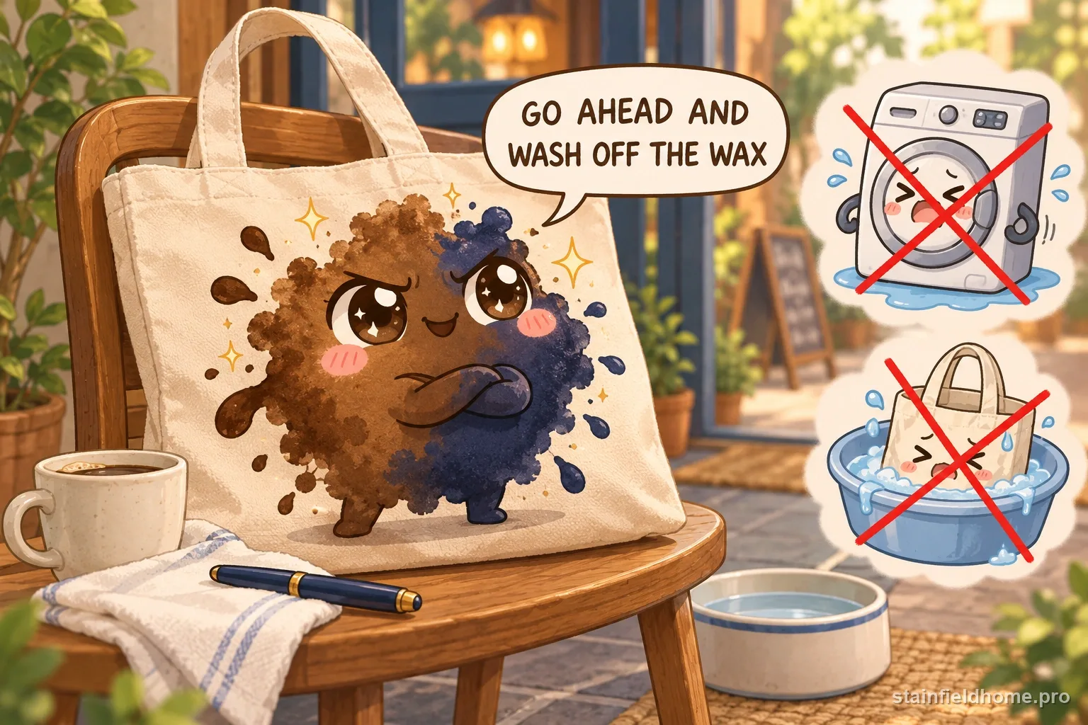 The ink and coffee character warns against a risky cleaning method for canvas tote bag, with a speech bubble reading “GO AHEAD AND WASH OFF THE WAX”.