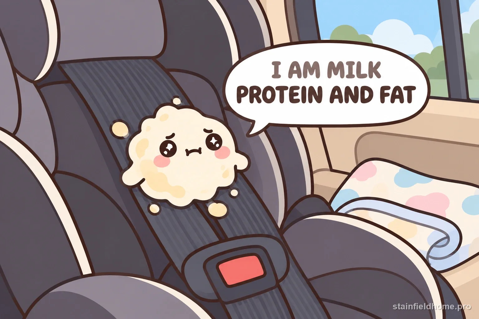 A milk-protein character on car-seat harness webbing with a speech bubble.