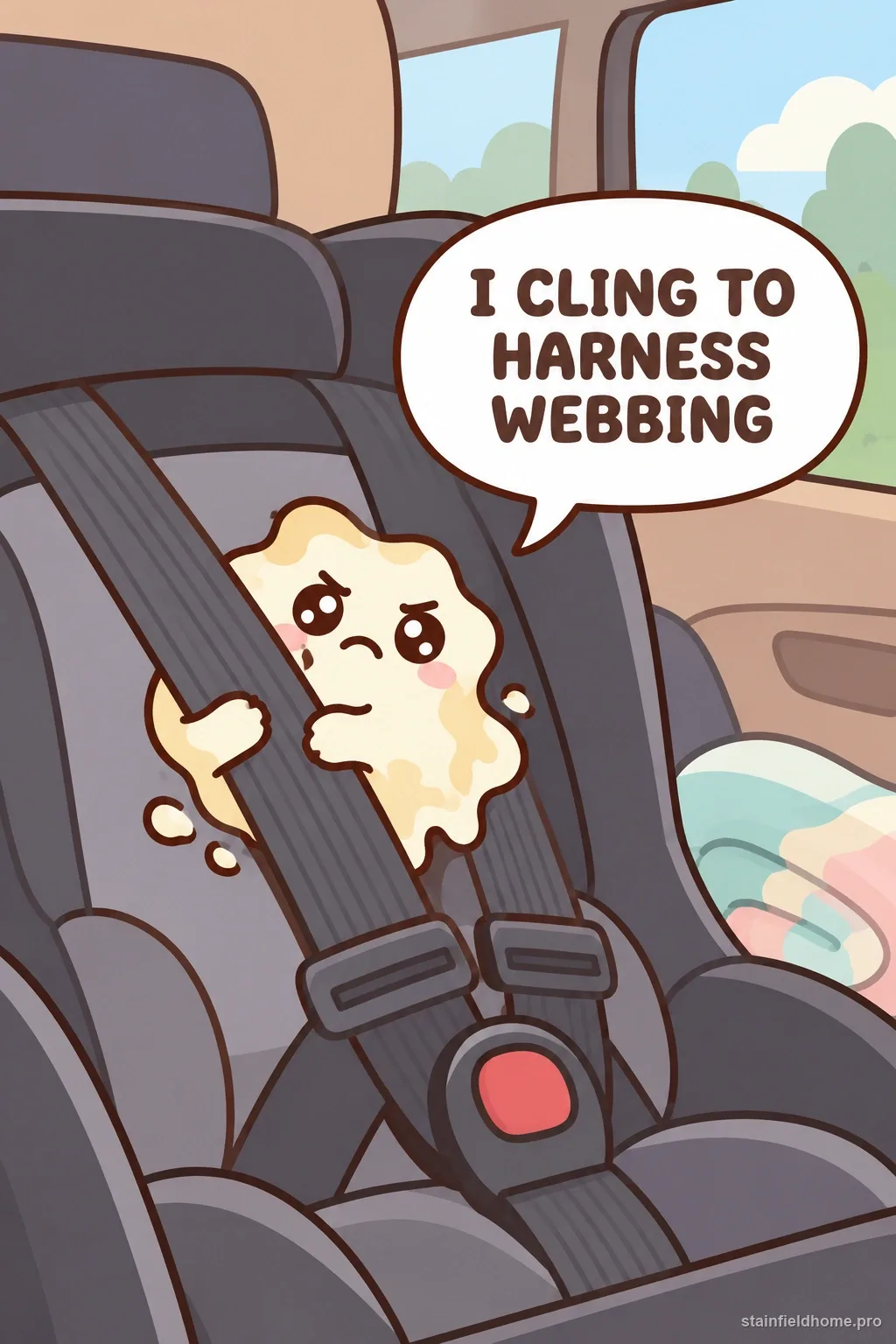 A cream-and-gold milk blob clinging to the webbing of a charcoal child car seat, with a speech bubble.