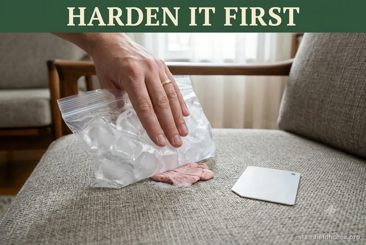 A hand pressing a sealed bag of ice against a wad of gum on grey woven upholstery until it turns stiff and frosted