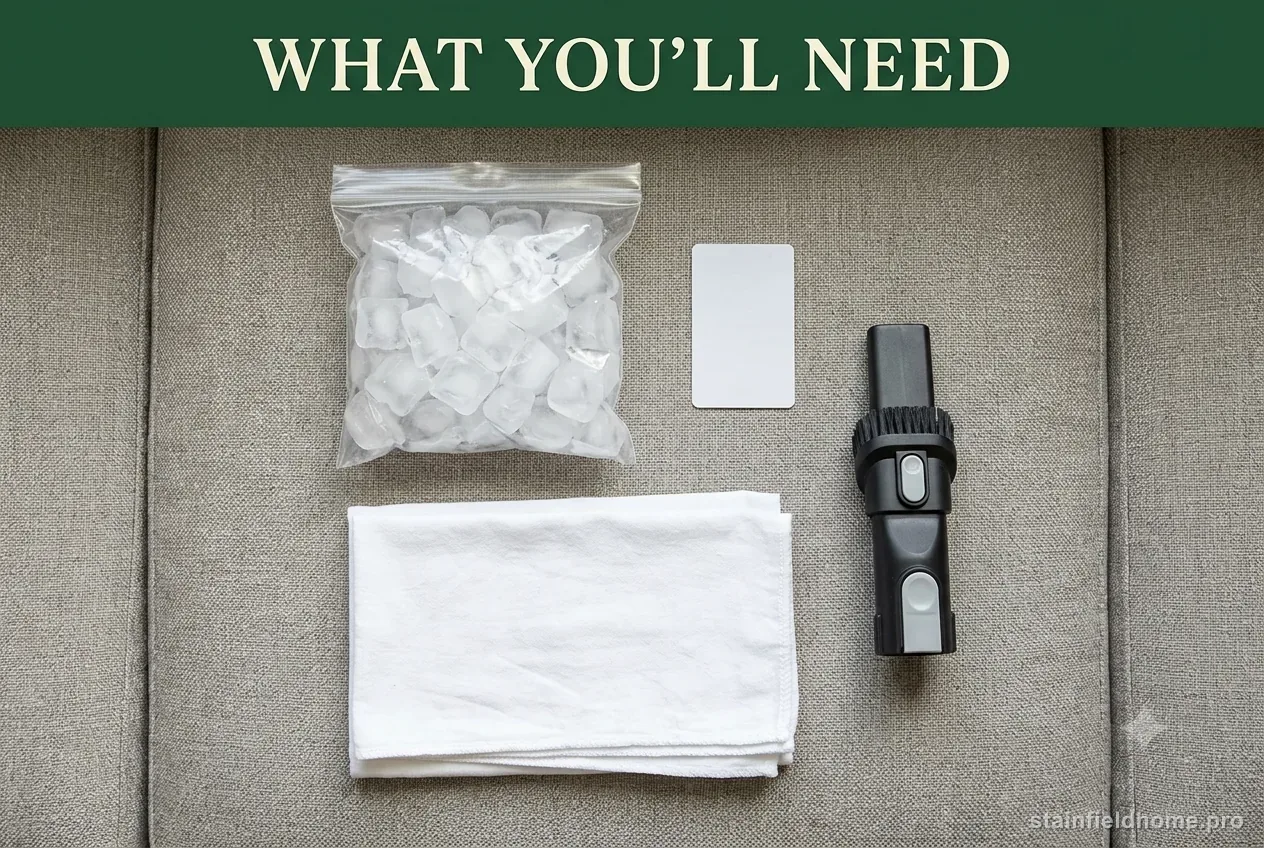 A sealed bag of ice, a white plastic card, folded white cloths and a vacuum upholstery nozzle on a grey cushion