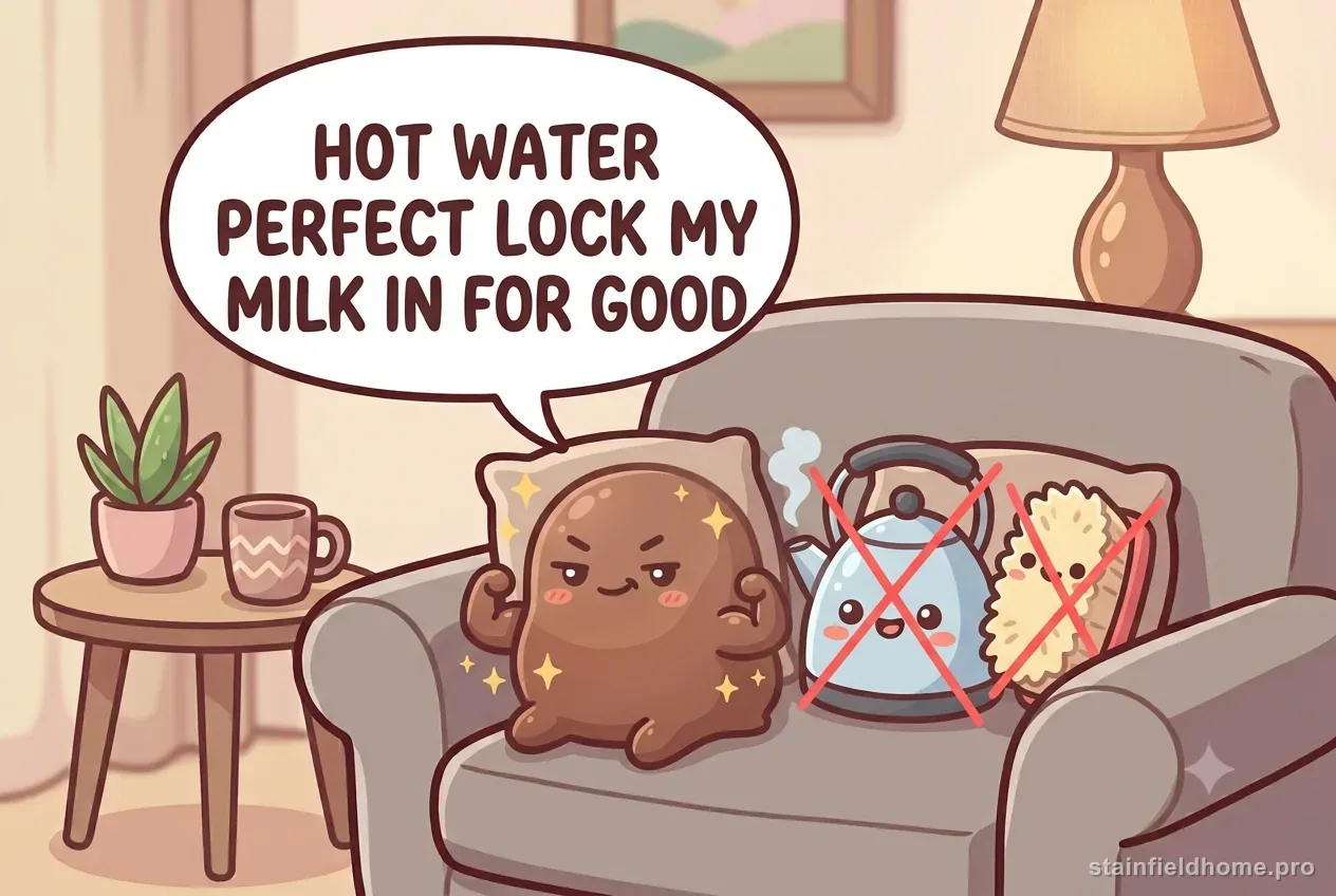 The chocolate character looking smug next to a crossed-out kettle of hot water and a stiff brush