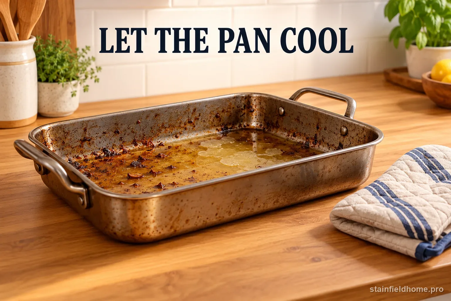 A cooled roasting pan with grease residue resting safely on a kitchen counter.