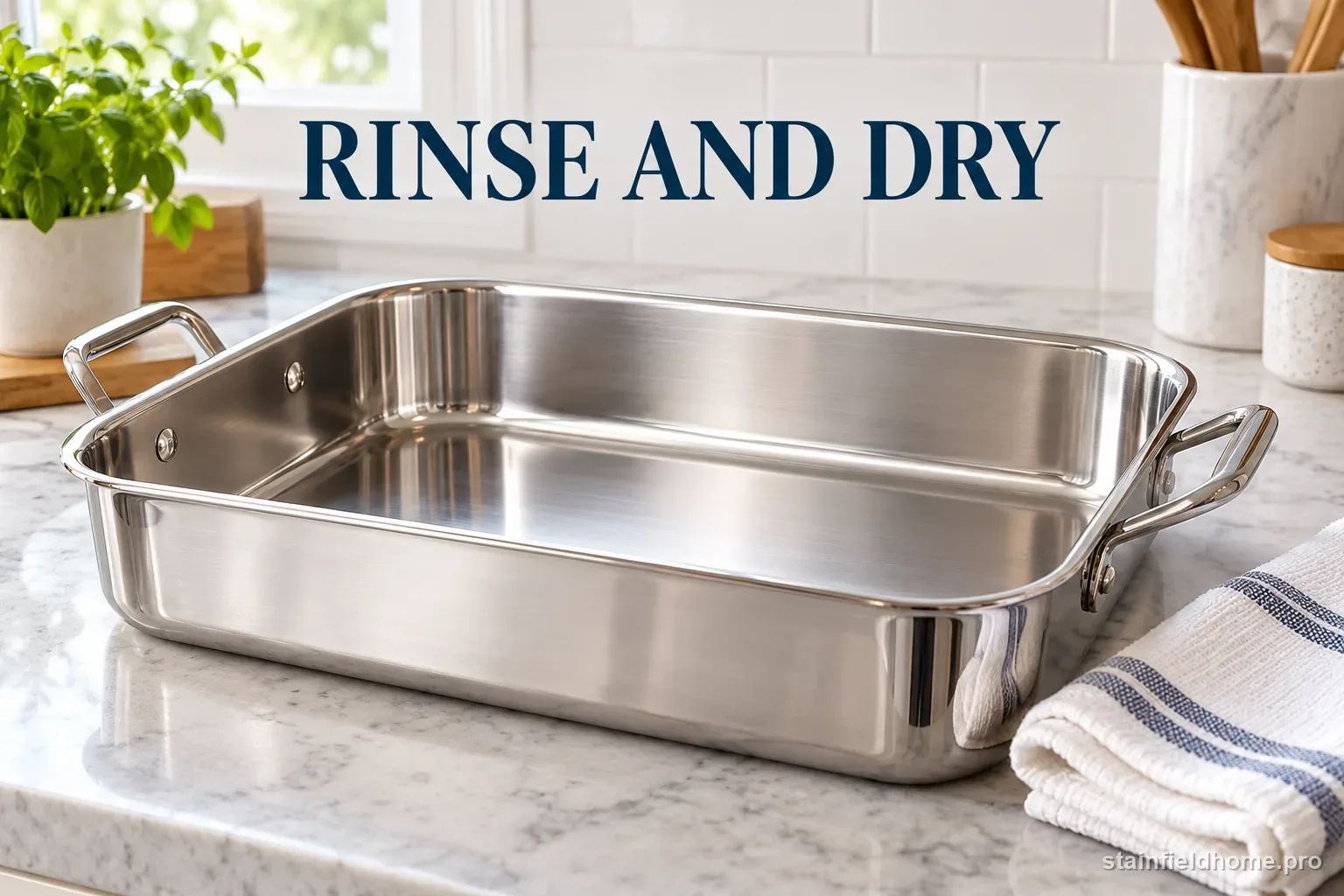 A clean stainless roasting pan rinsed and towel-dried on a kitchen counter.