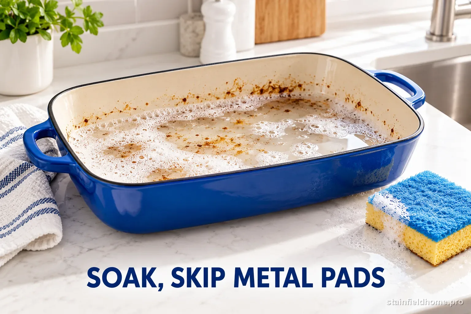 A blue enameled roasting pan soaking with warm soapy water and a soft sponge.