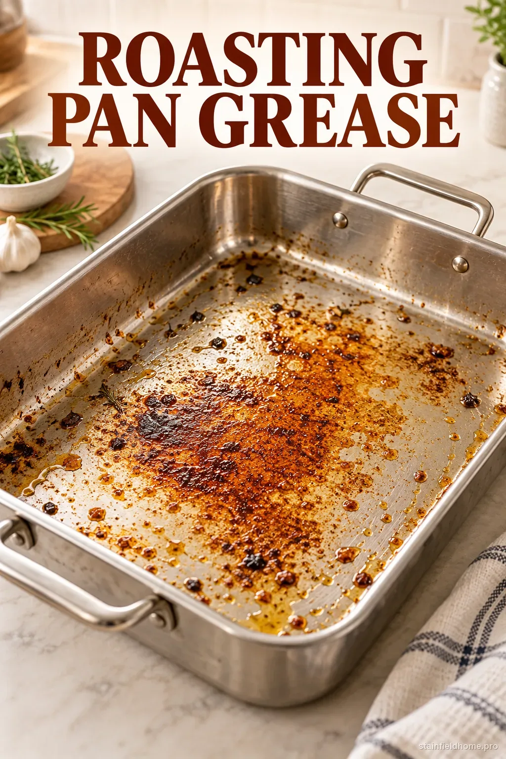 A stainless steel roasting pan with a cooked-on brown grease patch