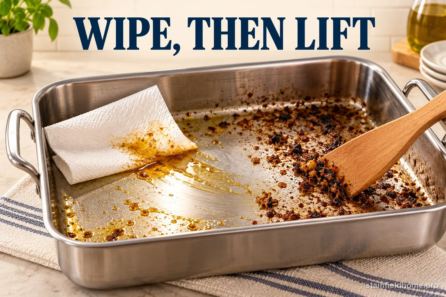 A paper towel lifting oil and a wooden scraper loosening food debris from a stainless roasting pan.