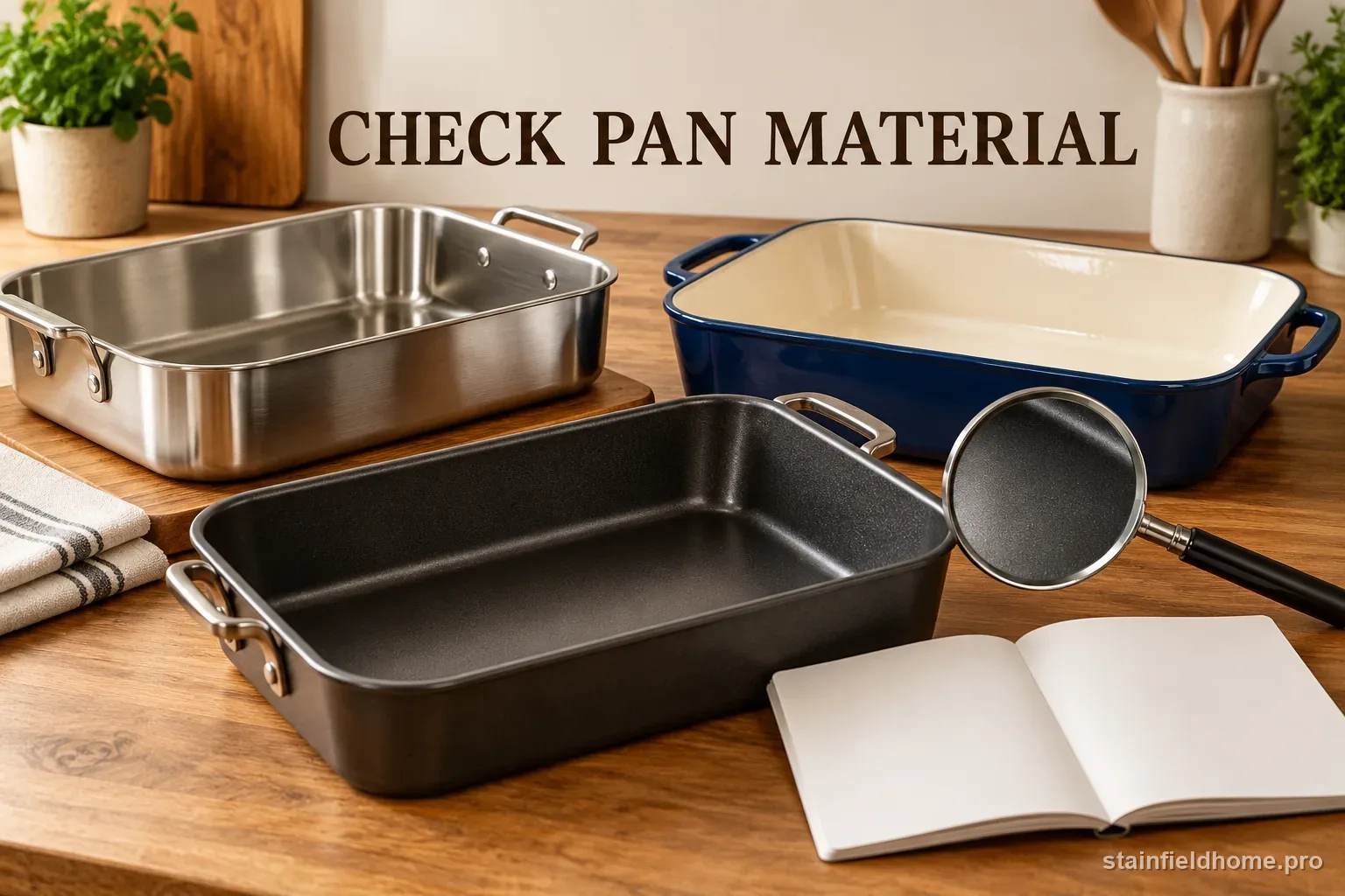 Stainless steel, enamel, and nonstick roasting pans beside a blank care booklet.