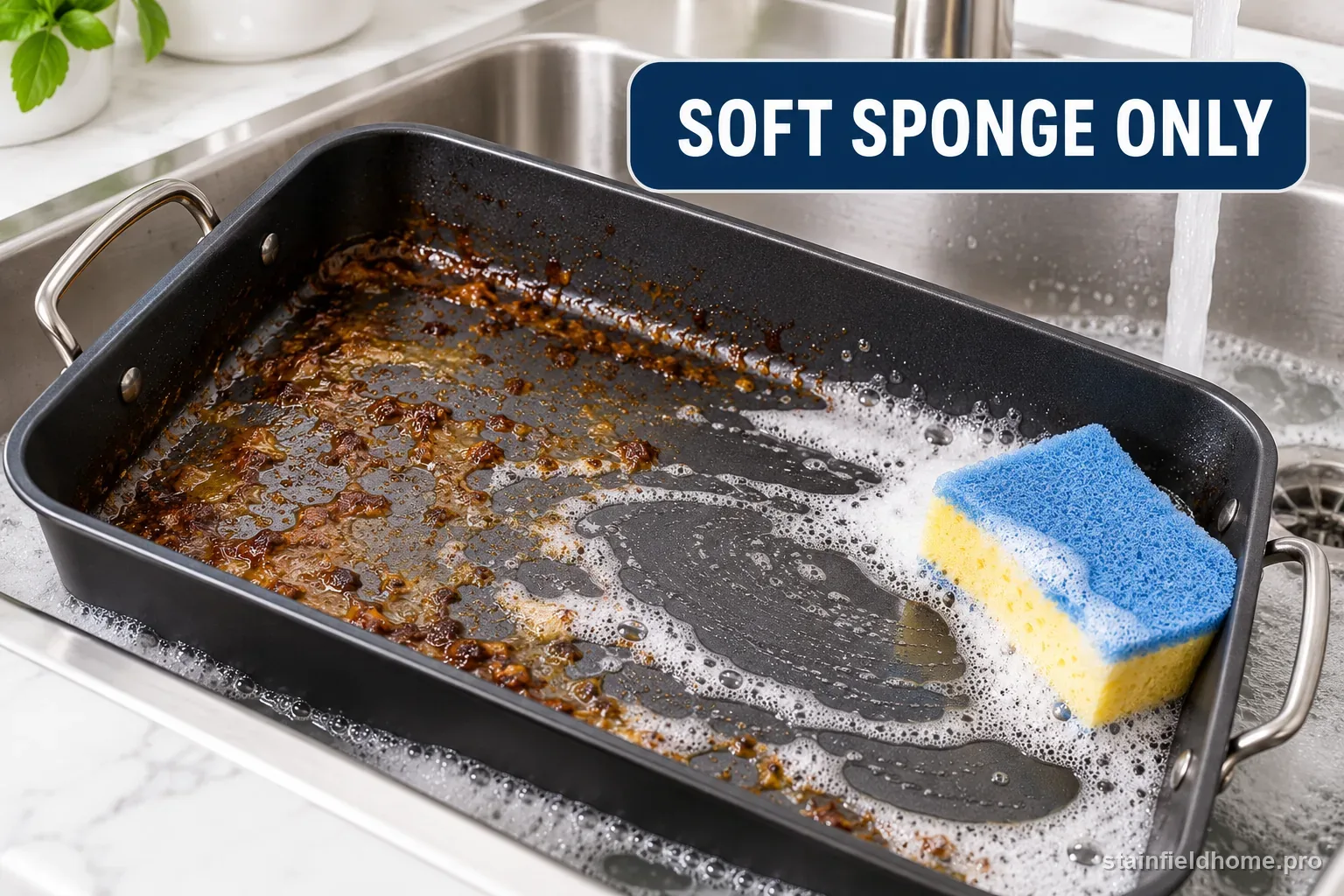 A nonstick roasting pan being washed with soapy water and a soft sponge.