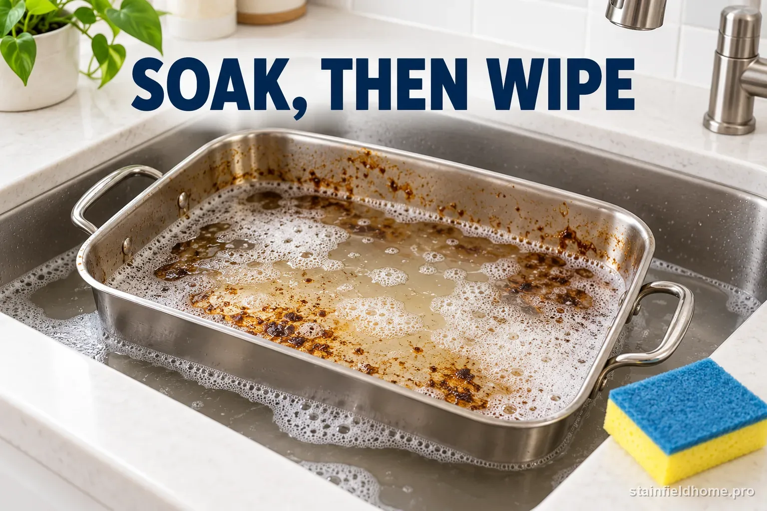 A stainless roasting pan soaking in warm soapy water with a soft sponge nearby.