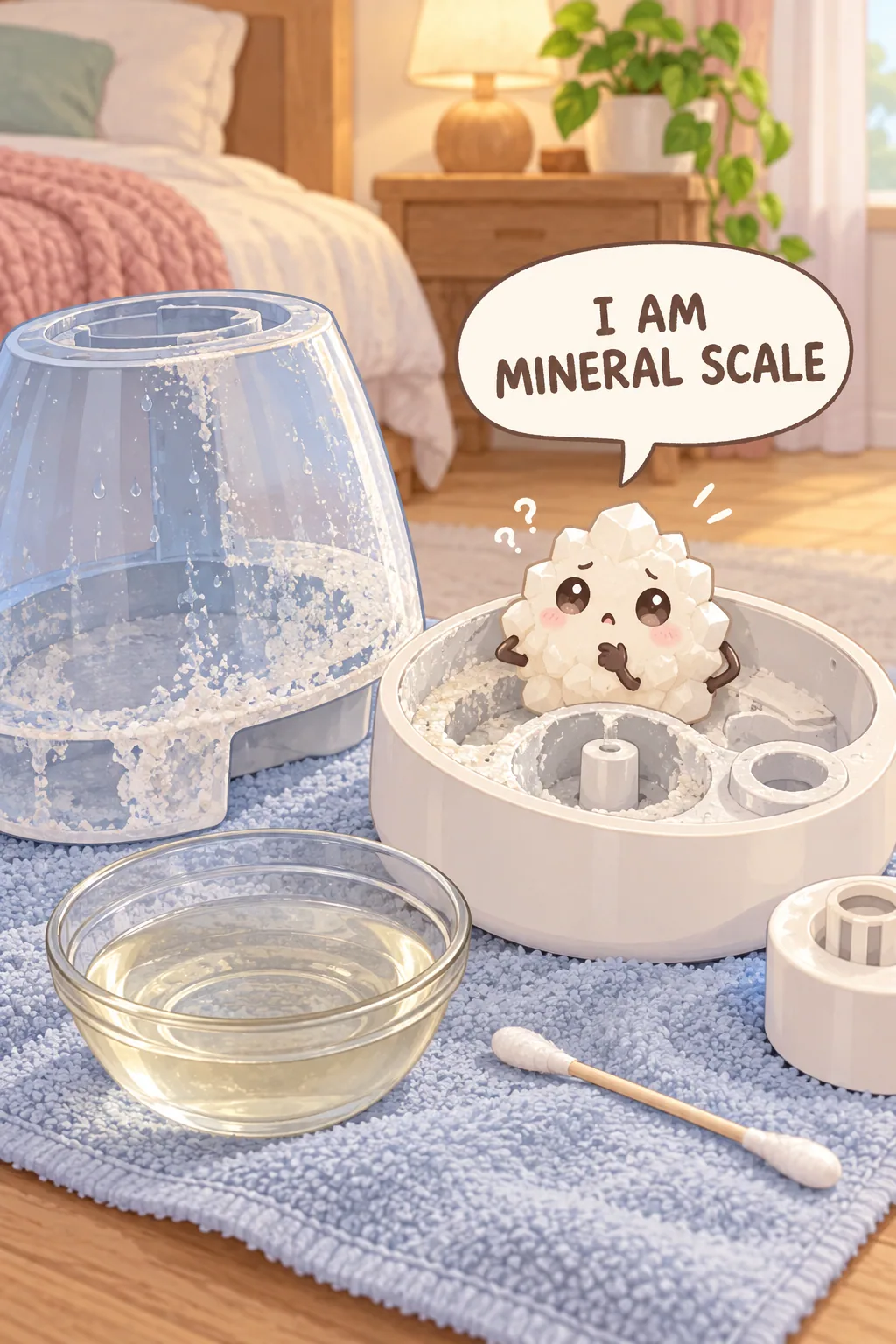 A pale mineral-scale character beside white deposits in a disassembled cool-mist humidifier on a towel