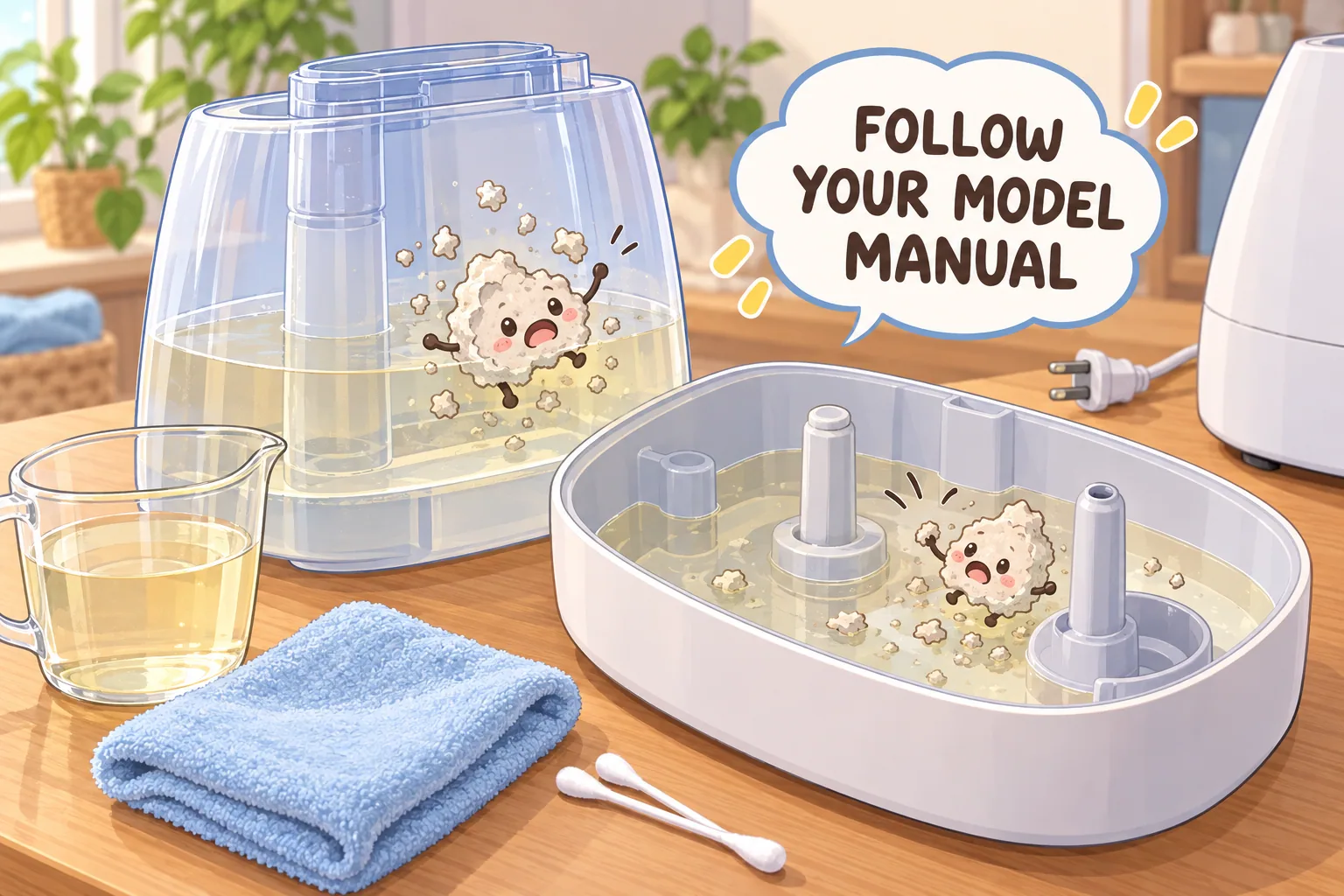 Mineral scale soaking in an approved removable humidifier tank with vinegar while the unit remains unplugged.