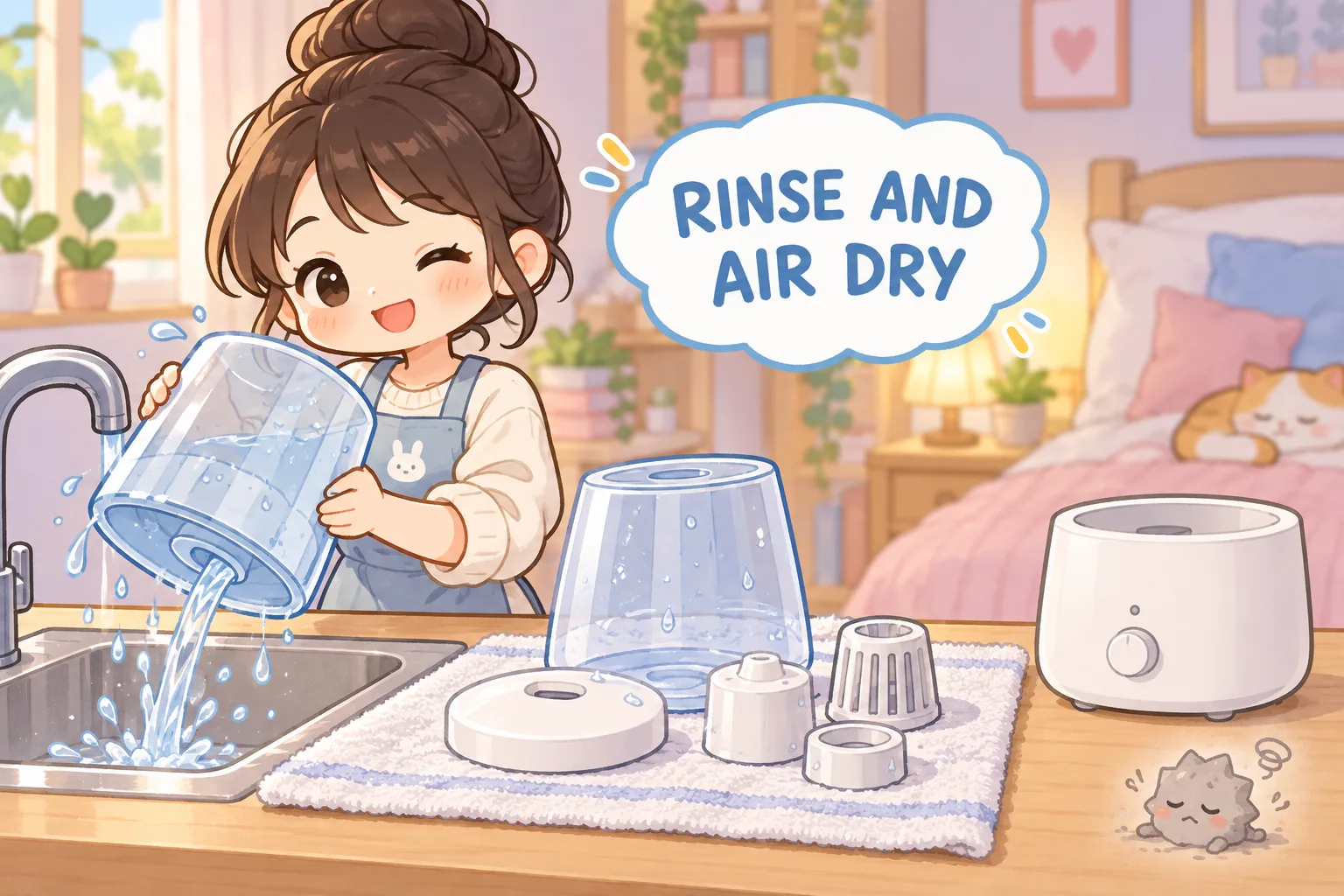 Rinsed humidifier parts air-drying on a towel while the unplugged base stays dry.