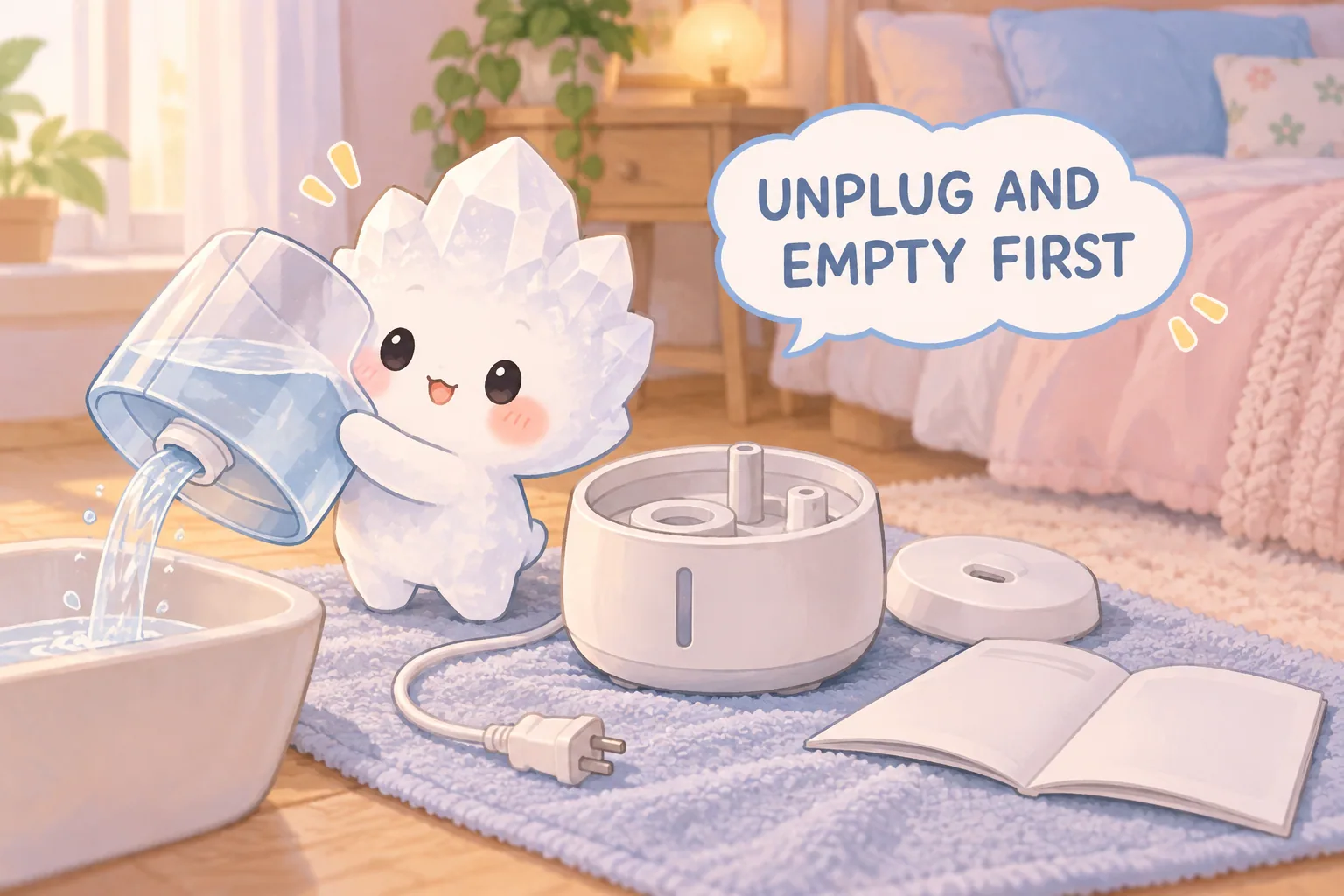 A humidifier tank being emptied beside a detached, unplugged base and the model instruction booklet.