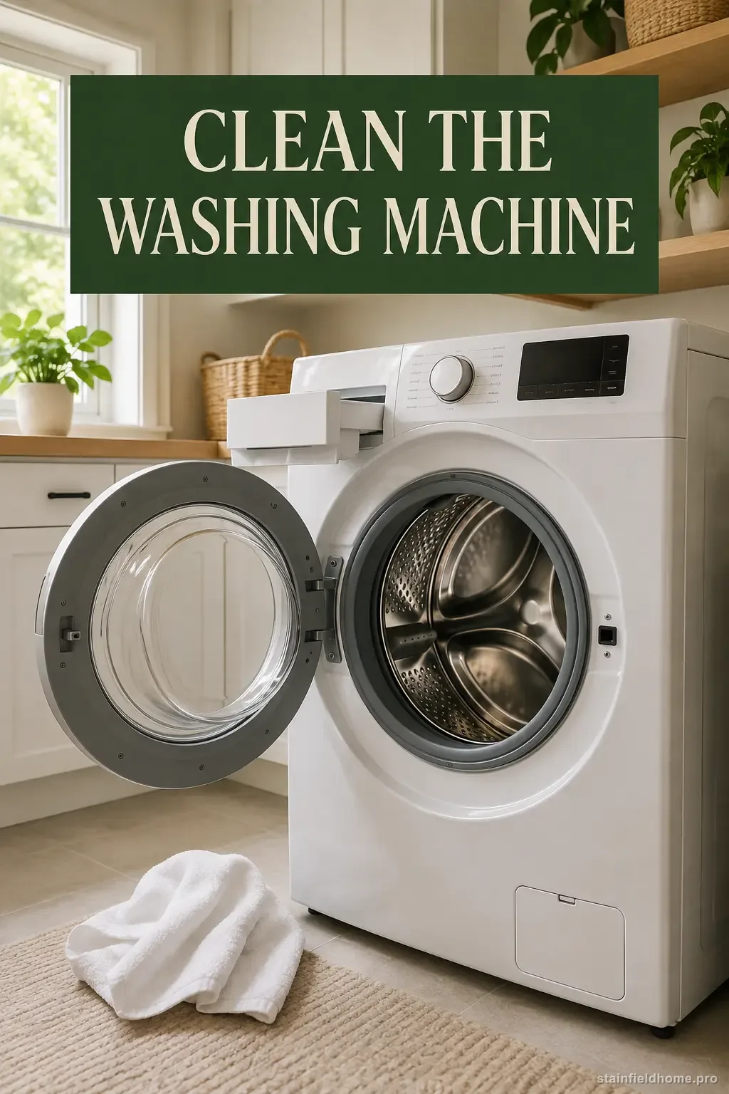 An empty front-loading washing machine prepared for self-cleaning in a bright American laundry room
