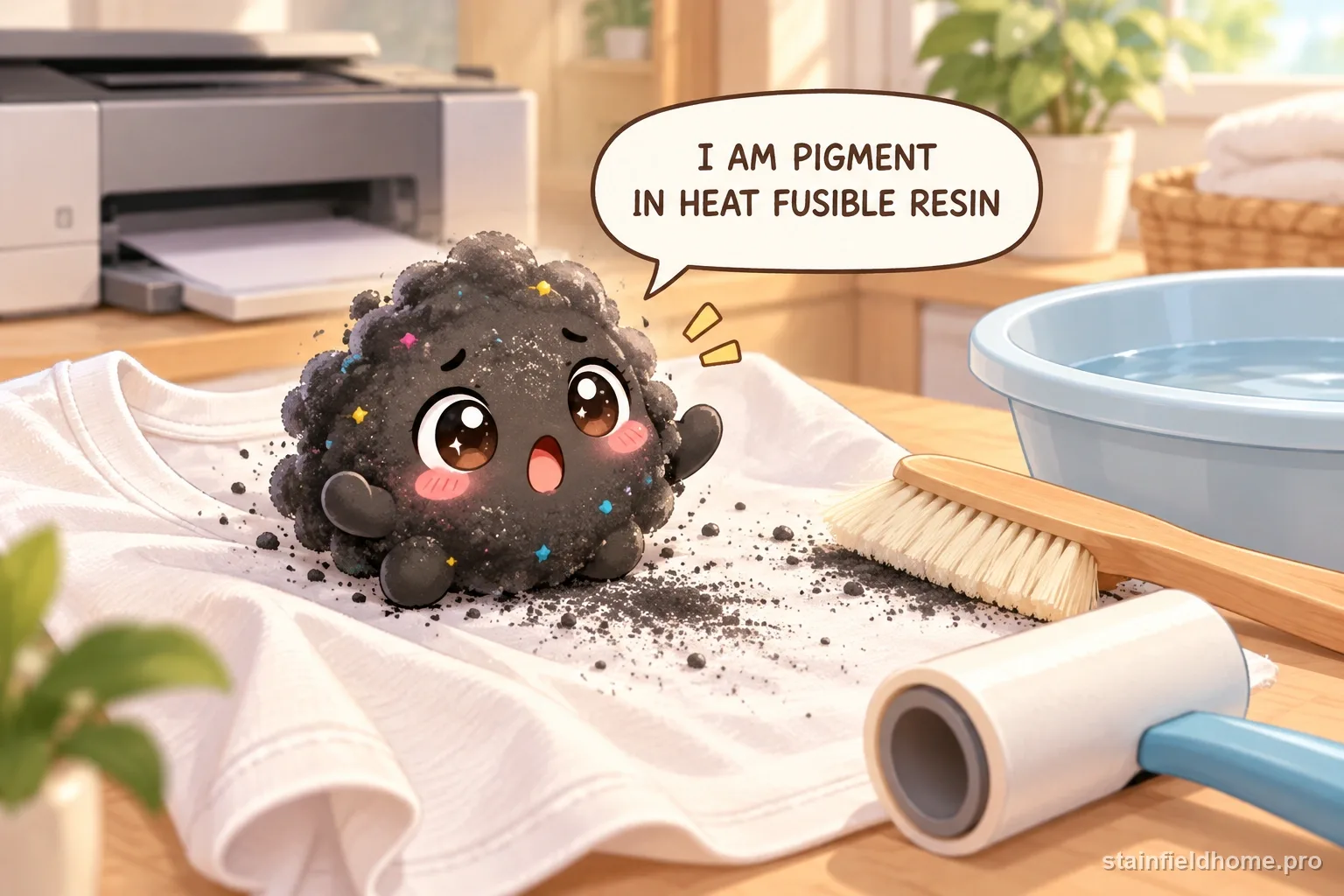 A chibi printer toner character on washable clothing with a speech bubble reading “I AM PIGMENT IN HEAT FUSIBLE RESIN”.