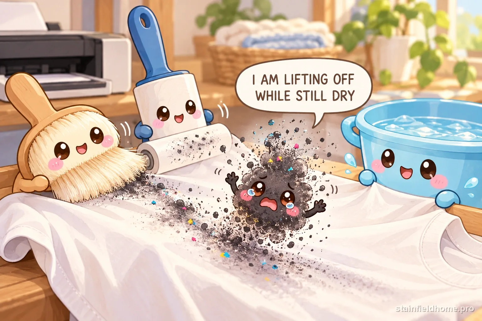 The printer toner character fades beside cleaning supplies for washable clothing, with a speech bubble reading “I AM LIFTING OFF WHILE STILL DRY”.