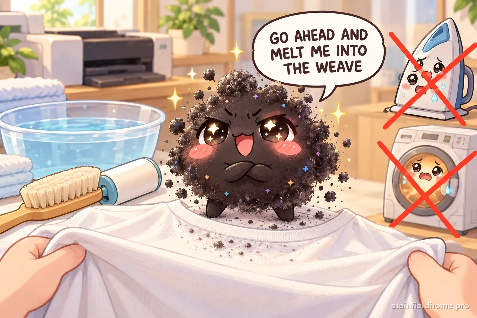 The printer toner character warns against a risky cleaning method for washable clothing, with a speech bubble reading “GO AHEAD AND MELT ME INTO THE WEAVE”.
