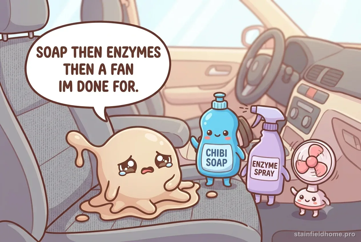 The coffee character shrinking beside a cheerful cartoon dish-soap bottle, enzyme spray, and a fan