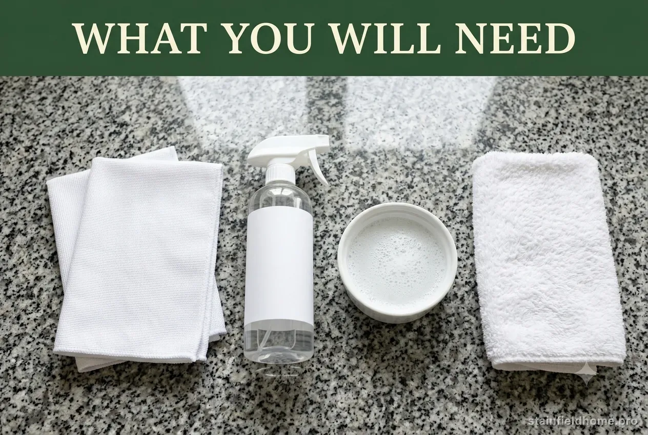 Microfiber cloths, a spray bottle of pH-neutral stone cleaner, a dish of soapy water and a towel on granite