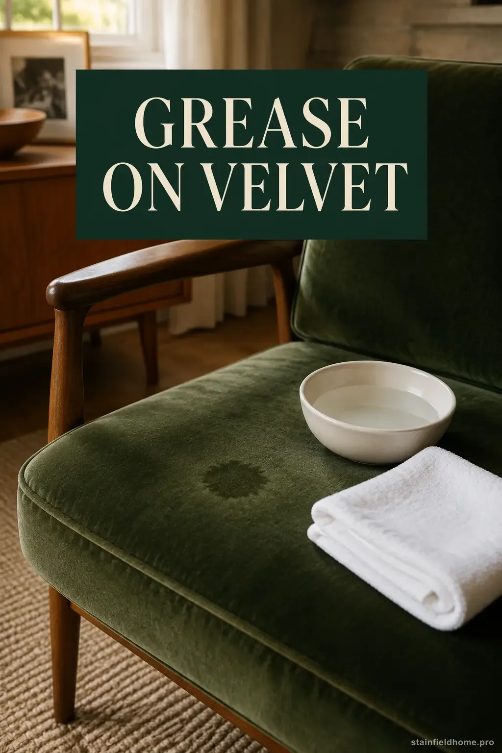 A small cooking grease spot being blotted from green velvet upholstery in an American living room