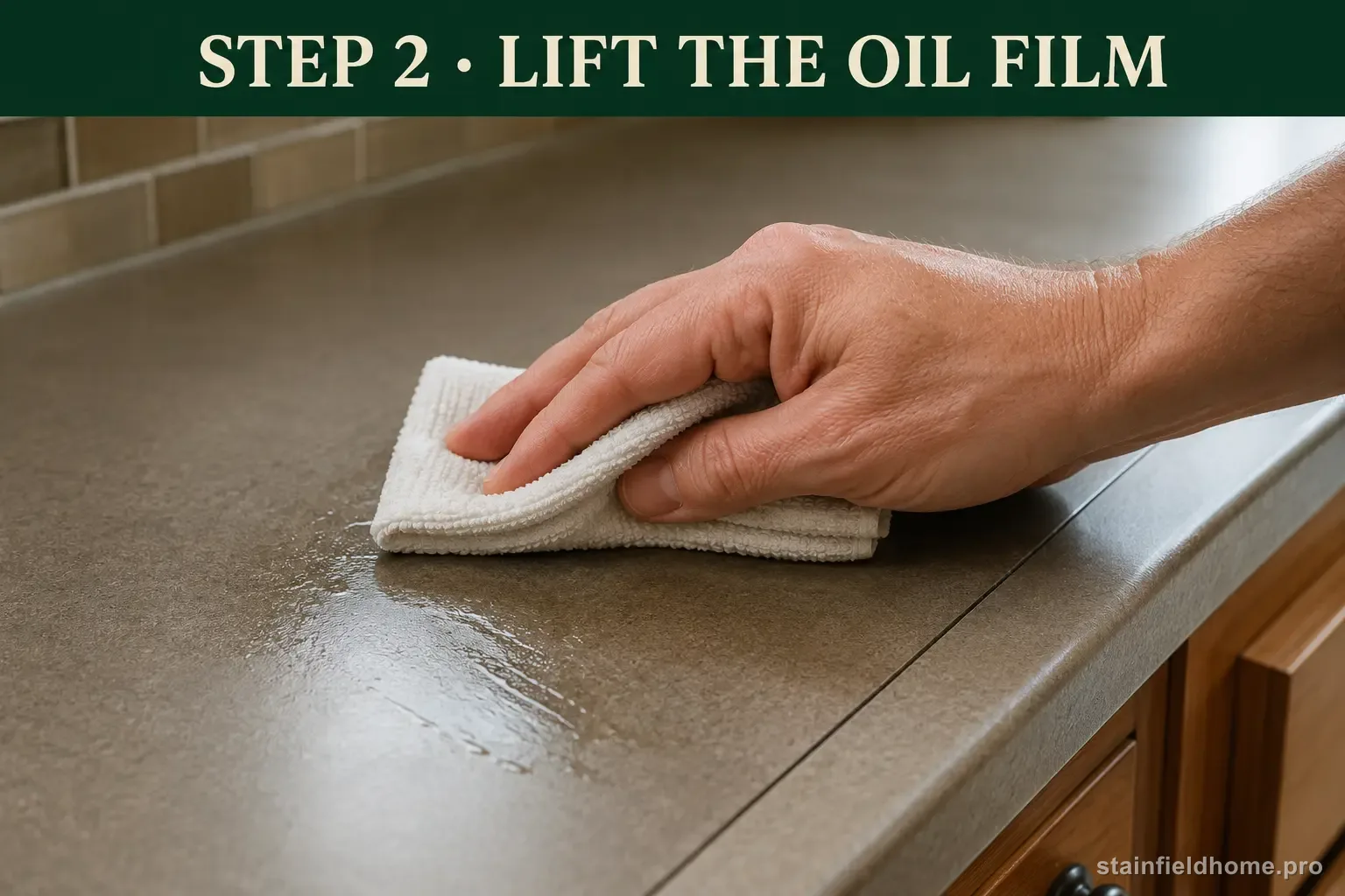 An adult hand lifting a thin oil film from laminate with a folded white cloth