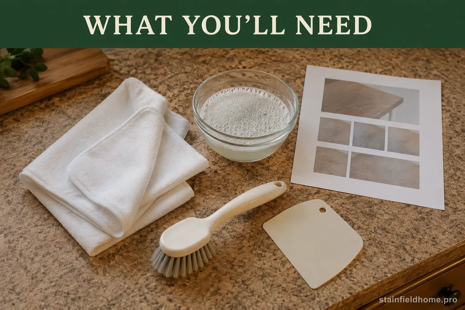 White cloths, mild soap, a soft brush, and a plastic scraper arranged on a laminate counter