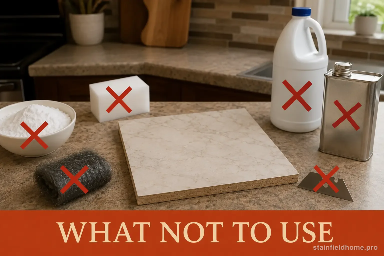 Abrasive and harsh cleaning tools marked as unsafe beside a laminate sample