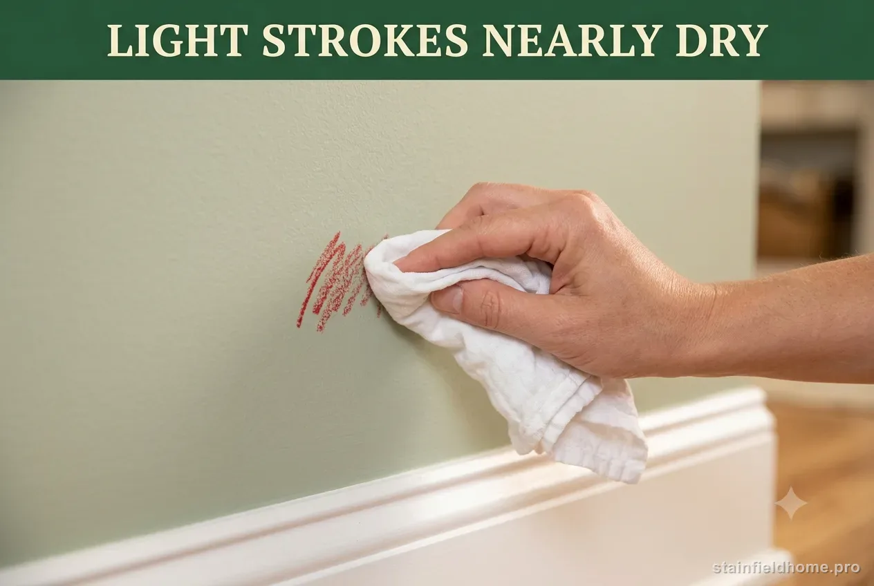 A hand wiping a red crayon mark on a pale painted wall with a nearly-dry white cloth