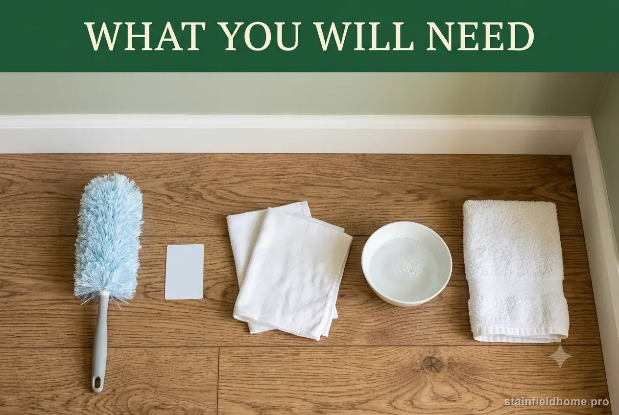 A duster, a plastic card, soft cloths, a bowl of soapy water and a towel beside a painted wall