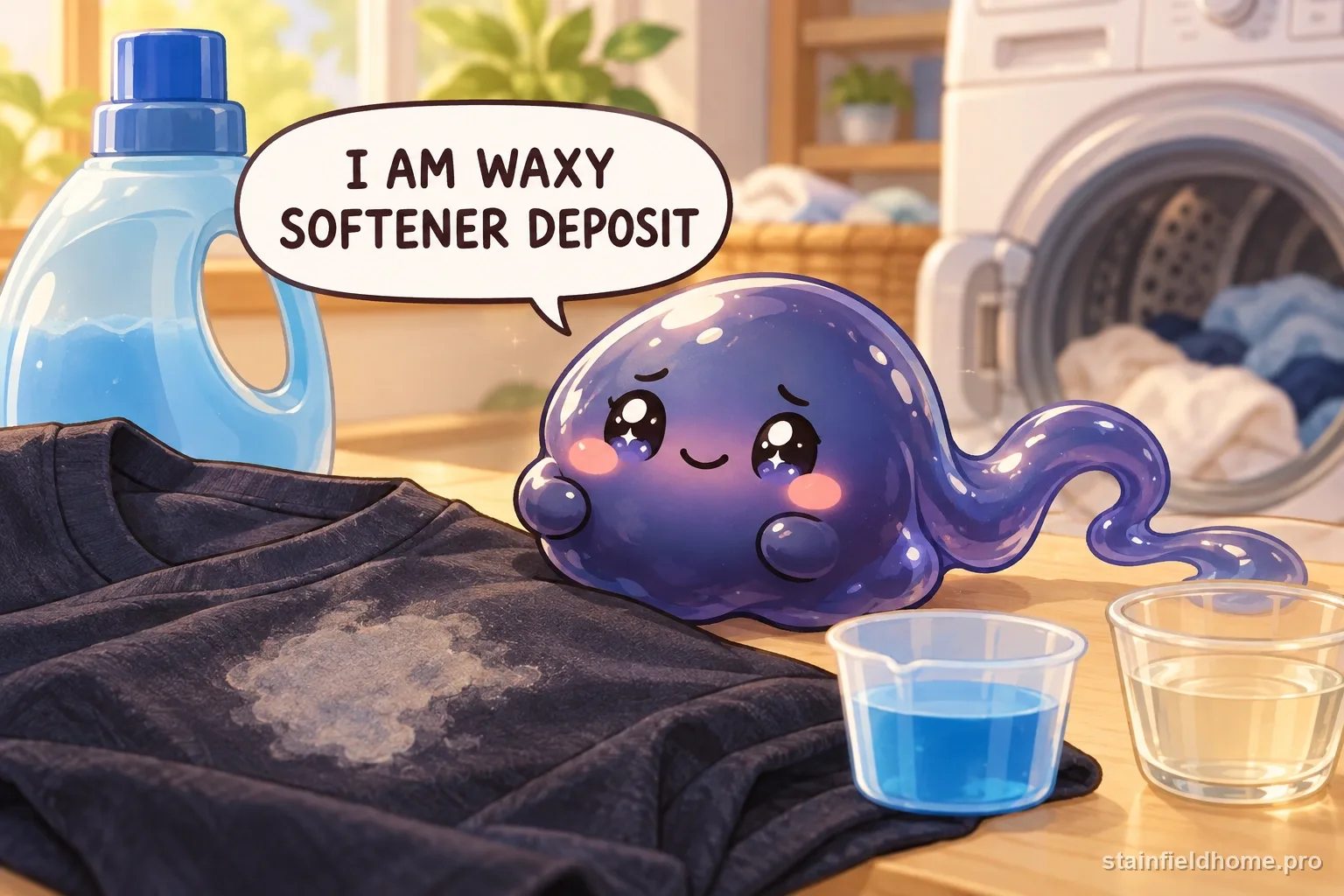 A chibi fabric softener character on dark clothes with a speech bubble reading “I AM WAXY SOFTENER DEPOSIT”.