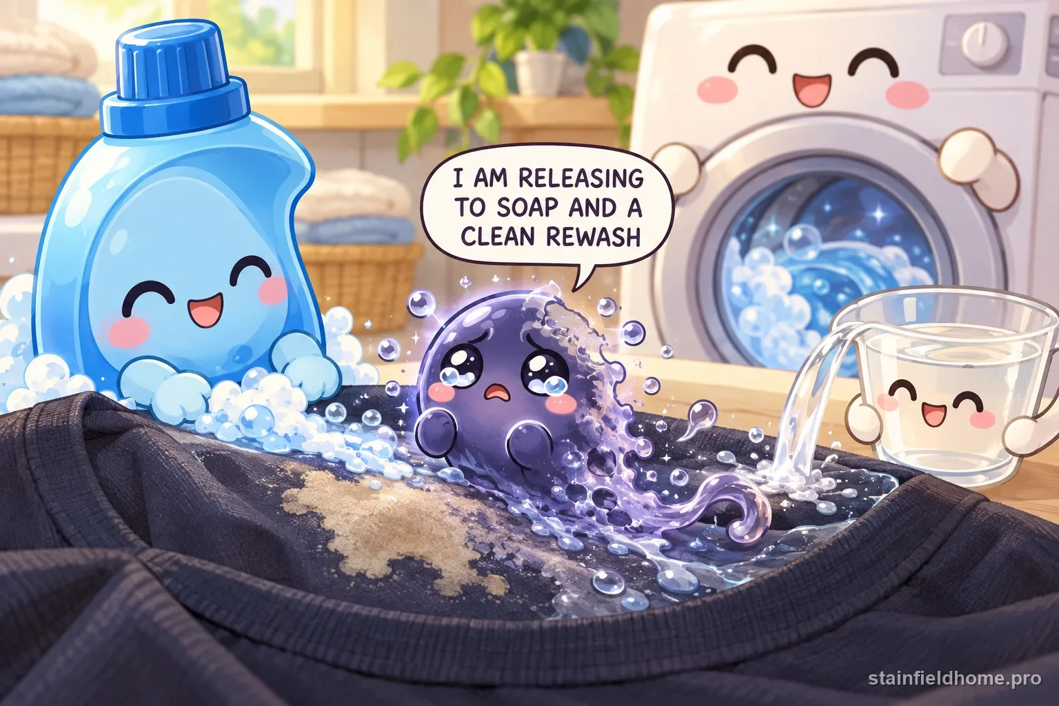 The fabric softener character fades beside cleaning supplies for dark clothes, with a speech bubble reading “I AM RELEASING TO SOAP AND A CLEAN REWASH”.