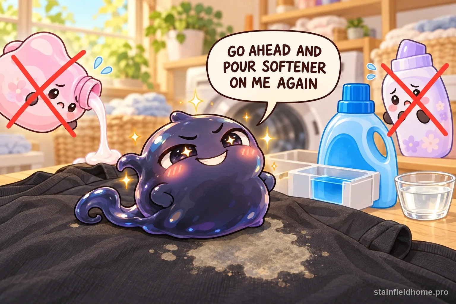 The fabric softener character warns against a risky cleaning method for dark clothes, with a speech bubble reading “GO AHEAD AND POUR SOFTENER ON ME AGAIN”.