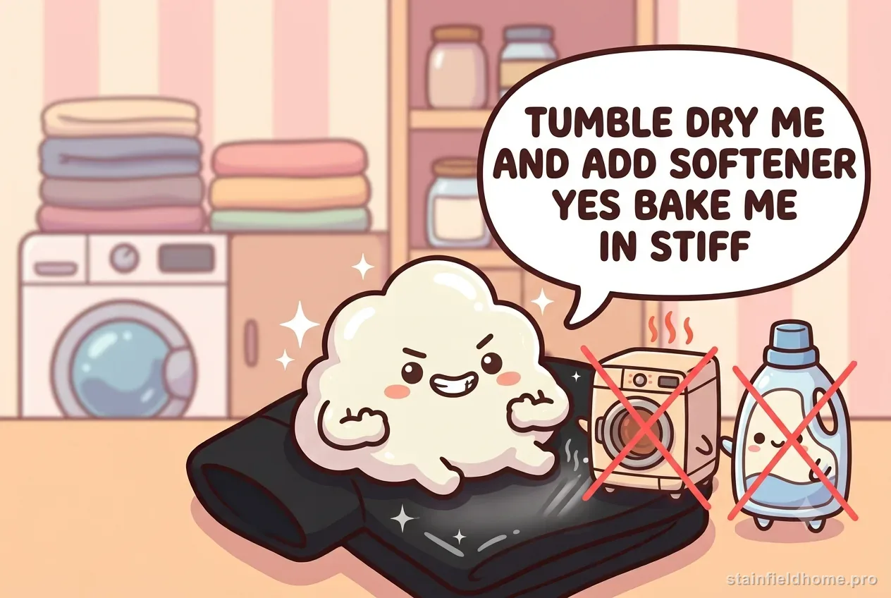 The deodorant character looking smug next to a crossed-out hot dryer and a bottle of fabric softener