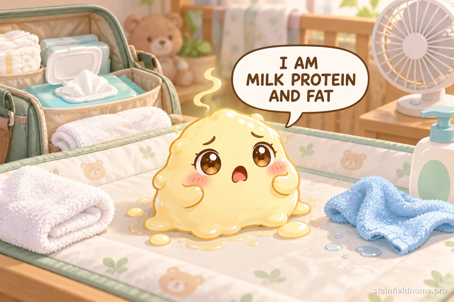 A chibi baby spit-up character on diaper bag with a speech bubble reading “I AM MILK PROTEIN AND FAT”.