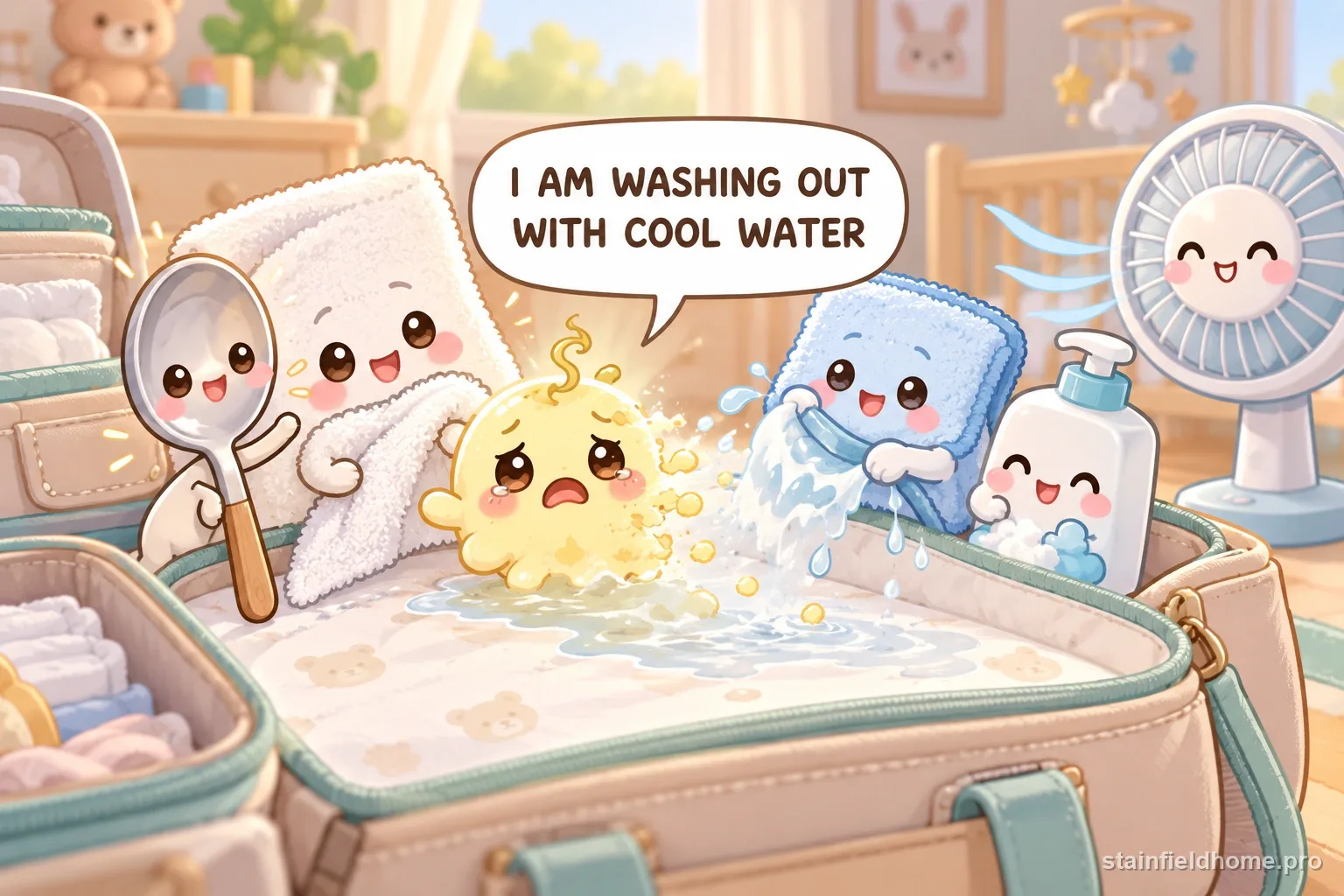 The baby spit-up character fades beside cleaning supplies for diaper bag, with a speech bubble reading “I AM WASHING OUT WITH COOL WATER”.