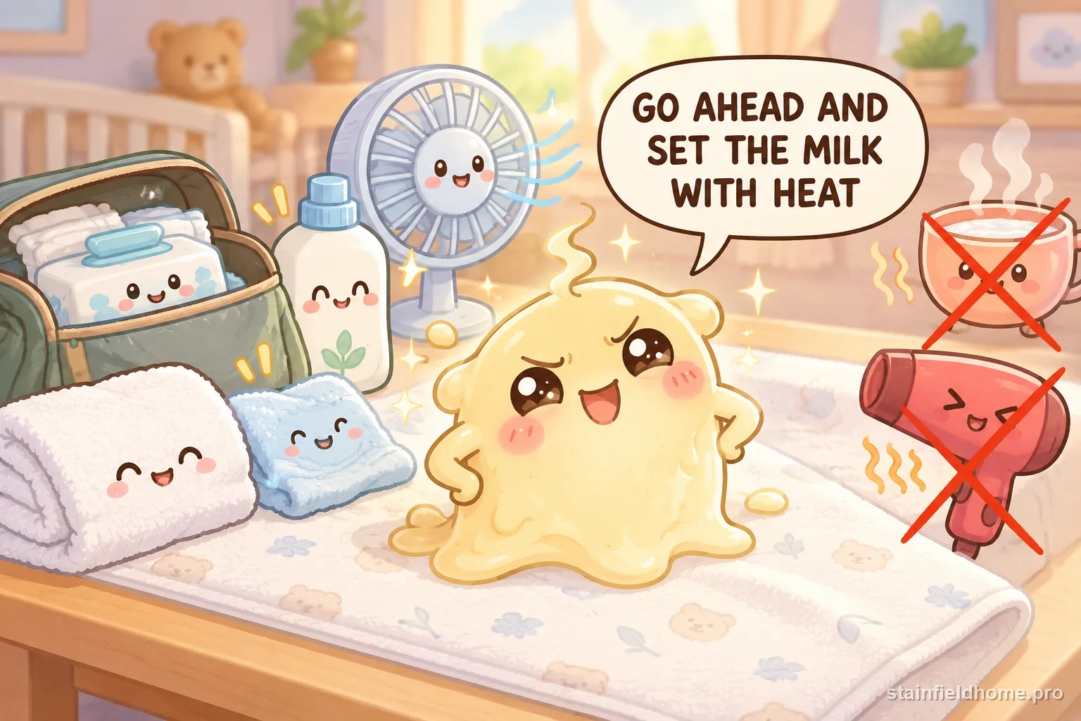 The baby spit-up character warns against a risky cleaning method for diaper bag, with a speech bubble reading “GO AHEAD AND SET THE MILK WITH HEAT”.