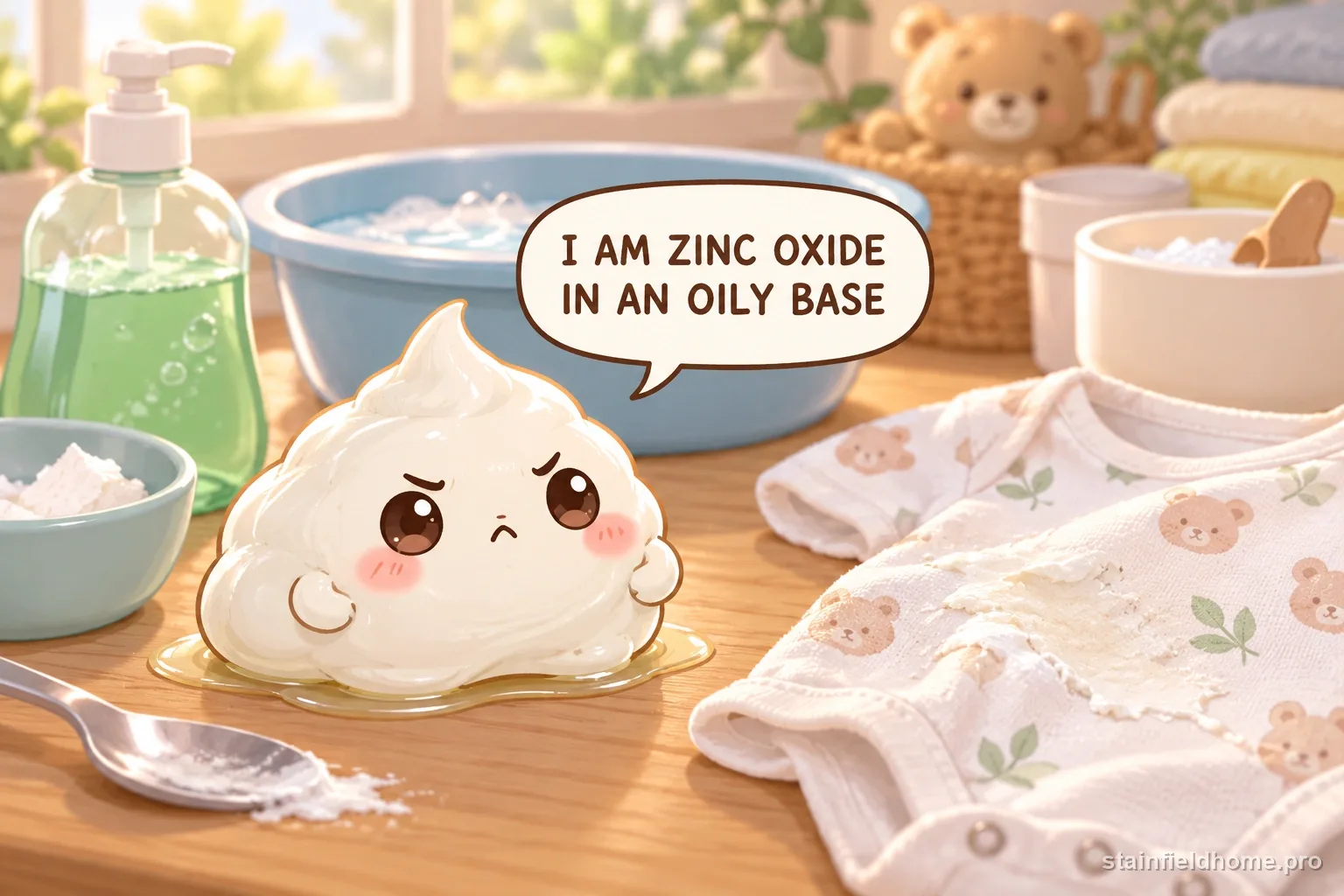 A chibi diaper rash cream character on baby clothes with a speech bubble reading “I AM ZINC OXIDE IN AN OILY BASE”.