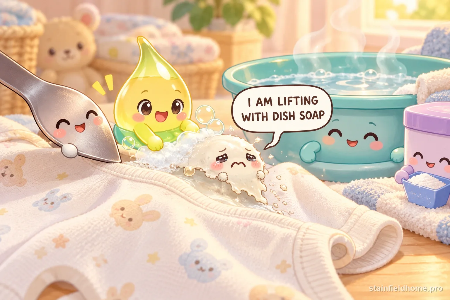 The diaper rash cream character fades beside cleaning supplies for baby clothes, with a speech bubble reading “I AM LIFTING WITH DISH SOAP”.