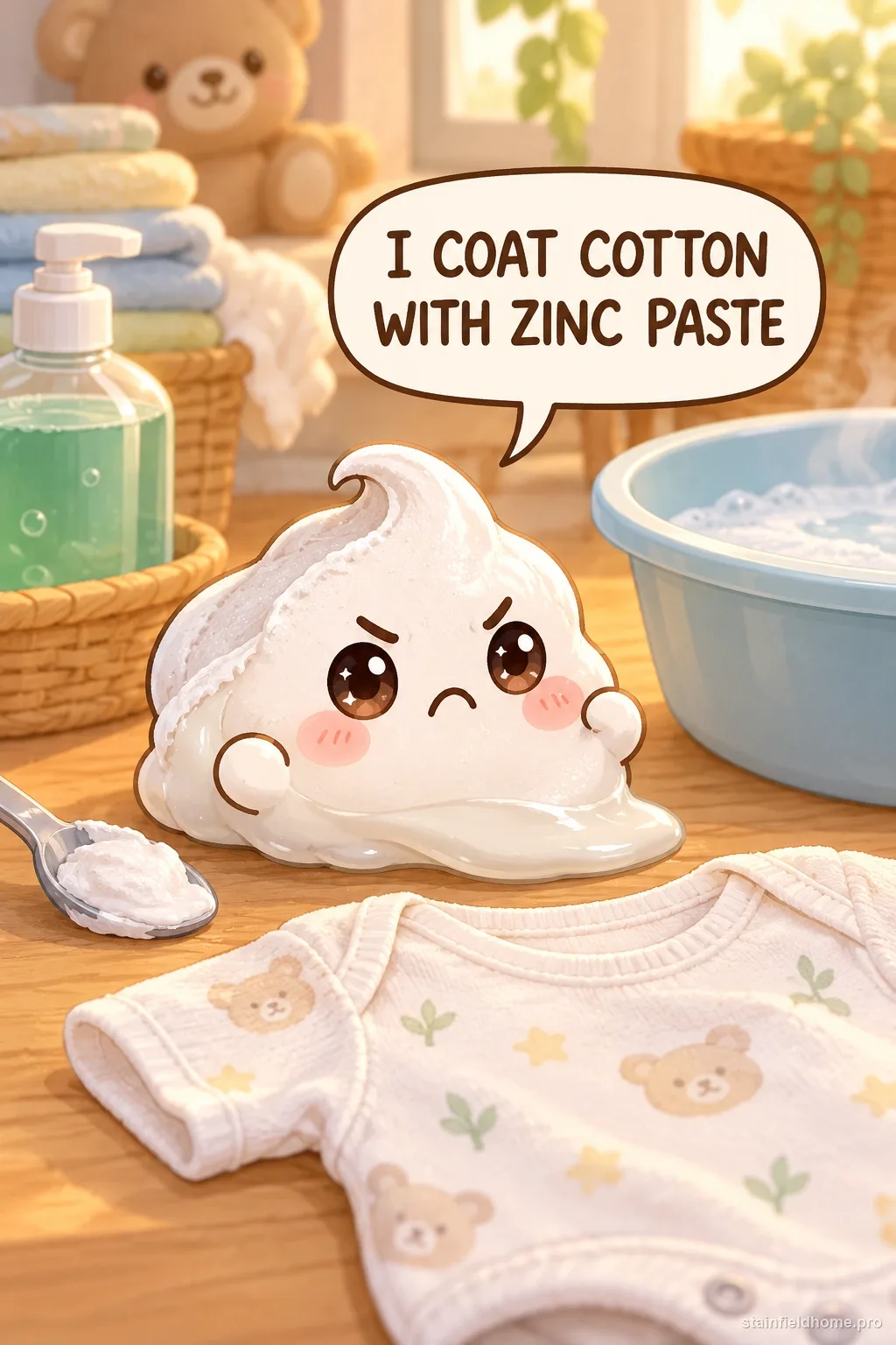 A thick white smear of zinc oxide diaper cream pressed into the front of a pale yellow cotton onesie