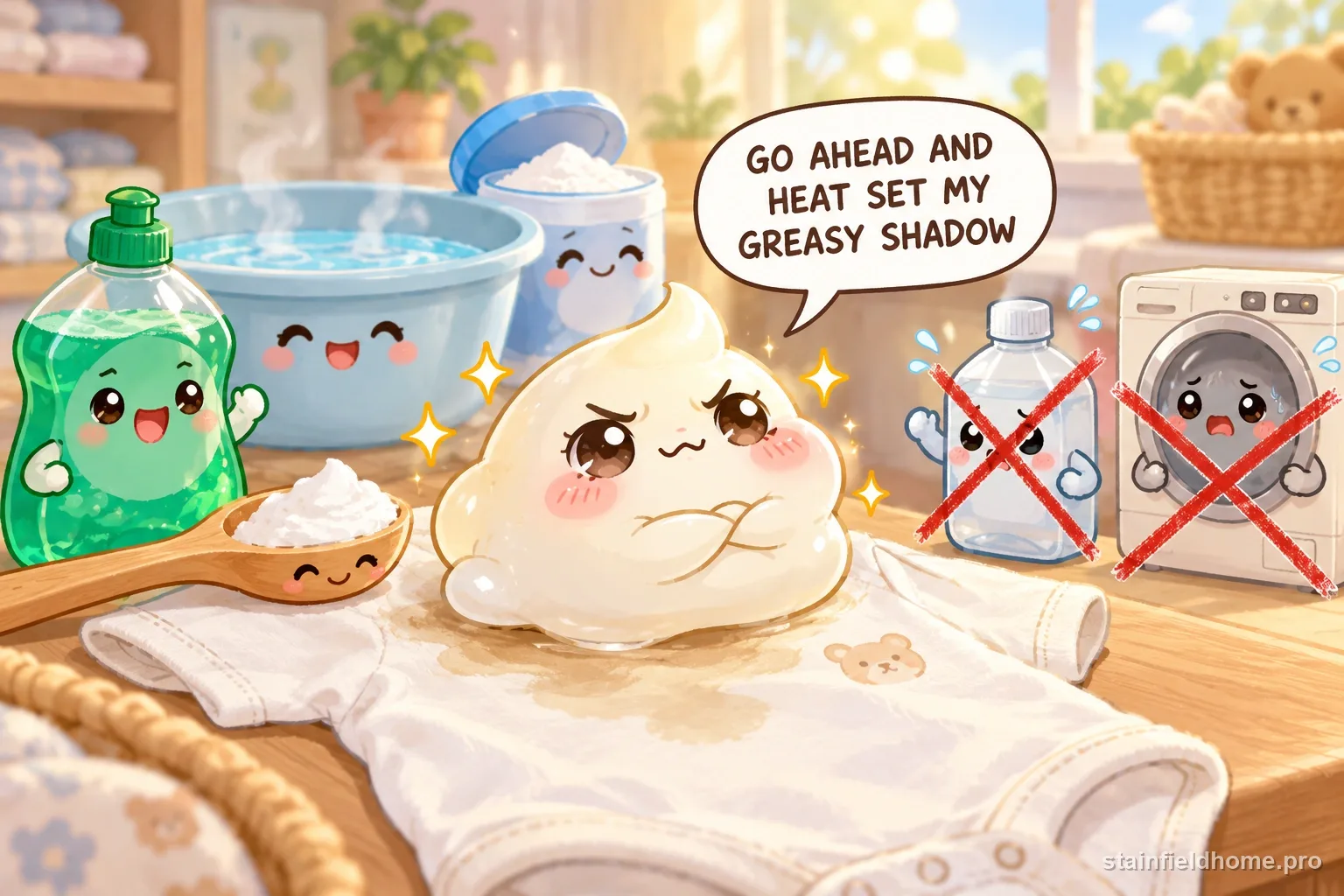 The diaper rash cream character warns against a risky cleaning method for baby clothes, with a speech bubble reading “GO AHEAD AND HEAT SET MY GREASY SHADOW”.