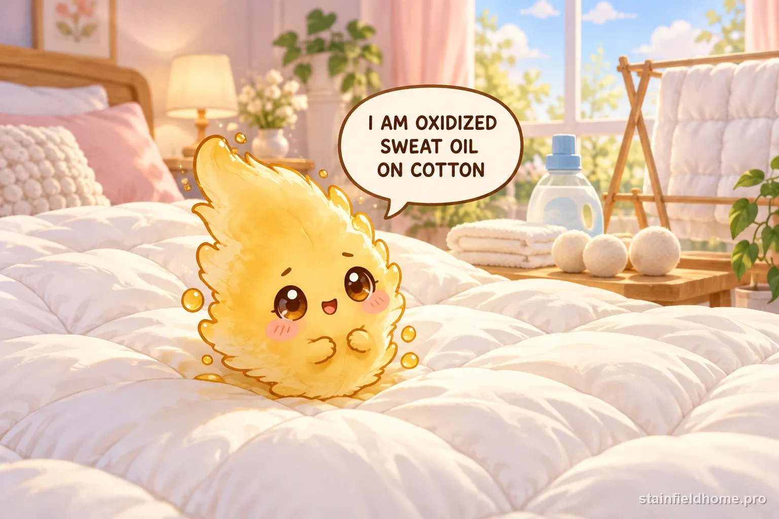 A chibi yellow sweat and body oil character on down comforter with a speech bubble reading “I AM OXIDIZED SWEAT OIL ON COTTON”.