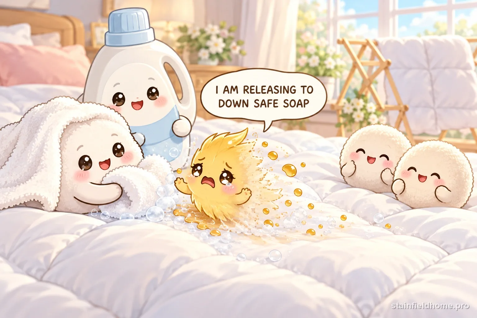 The yellow sweat and body oil character fades beside cleaning supplies for down comforter, with a speech bubble reading “I AM RELEASING TO DOWN SAFE SOAP”.