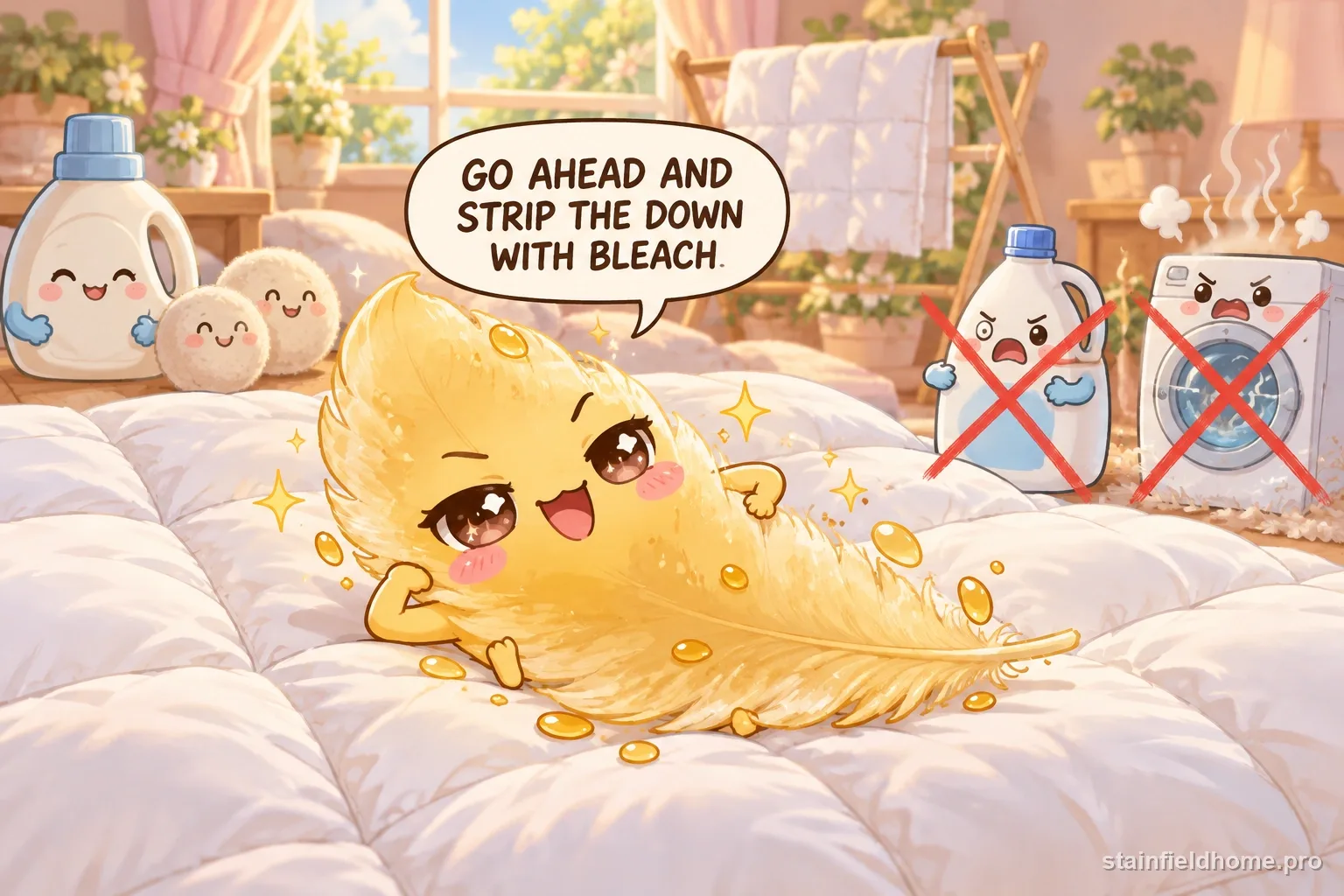 The yellow sweat and body oil character warns against a risky cleaning method for down comforter, with a speech bubble reading “GO AHEAD AND STRIP THE DOWN WITH BLEACH”.