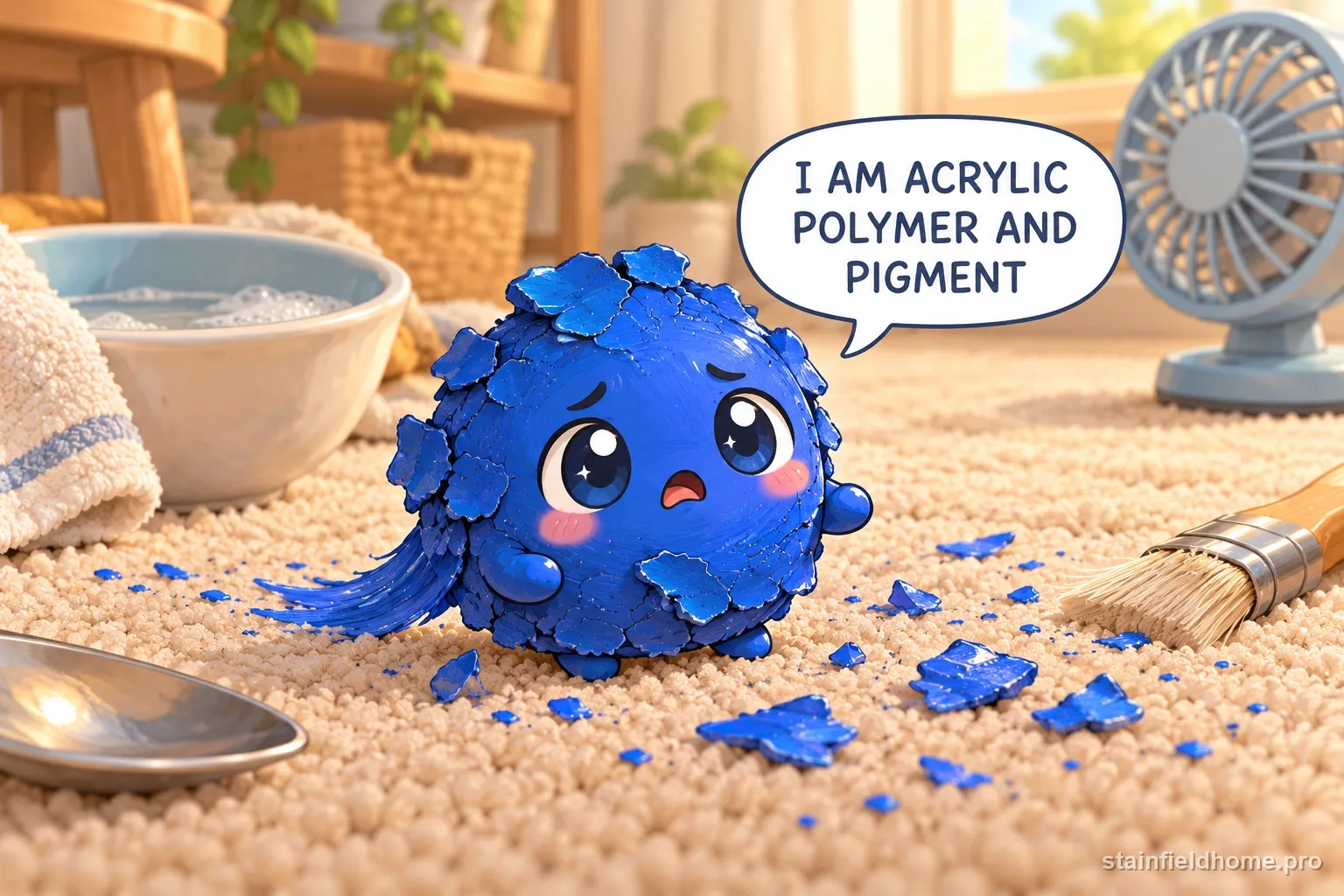 A chibi dried acrylic paint character on carpet with a speech bubble reading “I AM ACRYLIC POLYMER AND PIGMENT”.