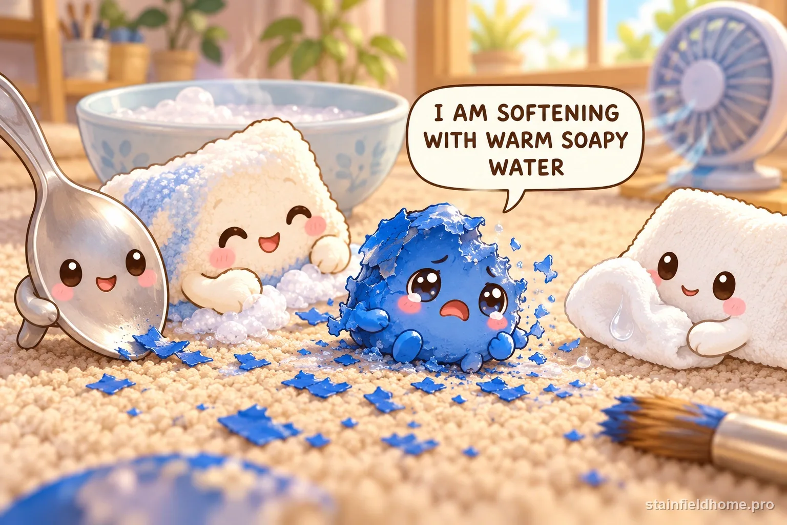 The dried acrylic paint character fades beside cleaning supplies for carpet, with a speech bubble reading “I AM SOFTENING WITH WARM SOAPY WATER”.