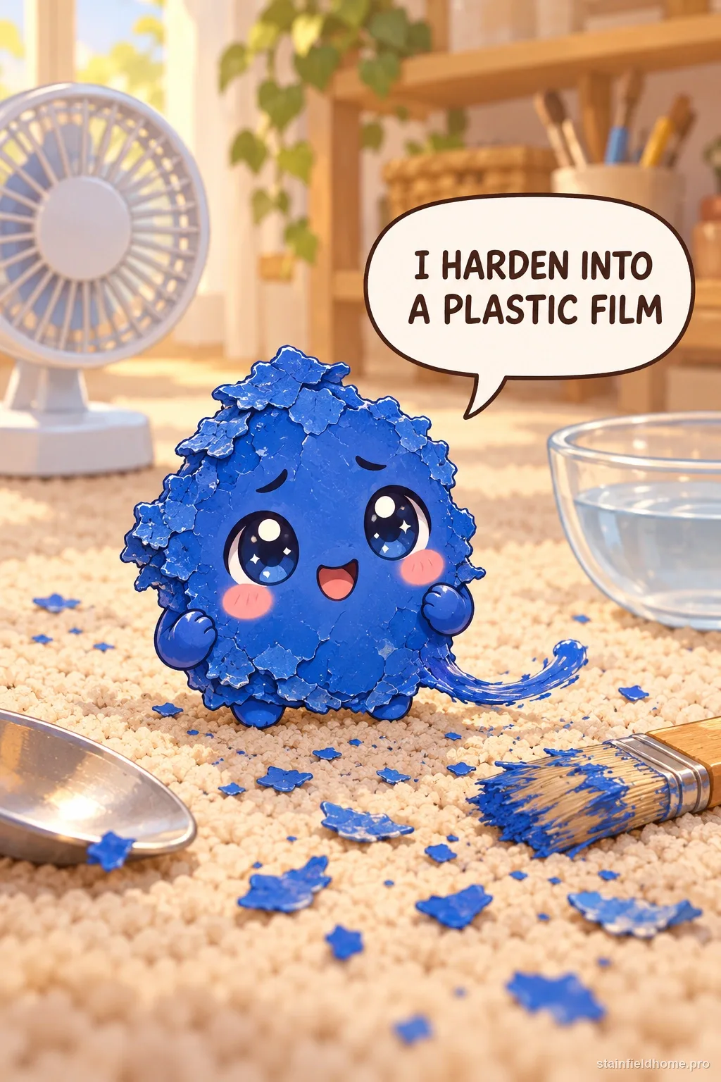 A dried spatter of blue acrylic craft paint stiff in the pile of a beige cut-pile carpet
