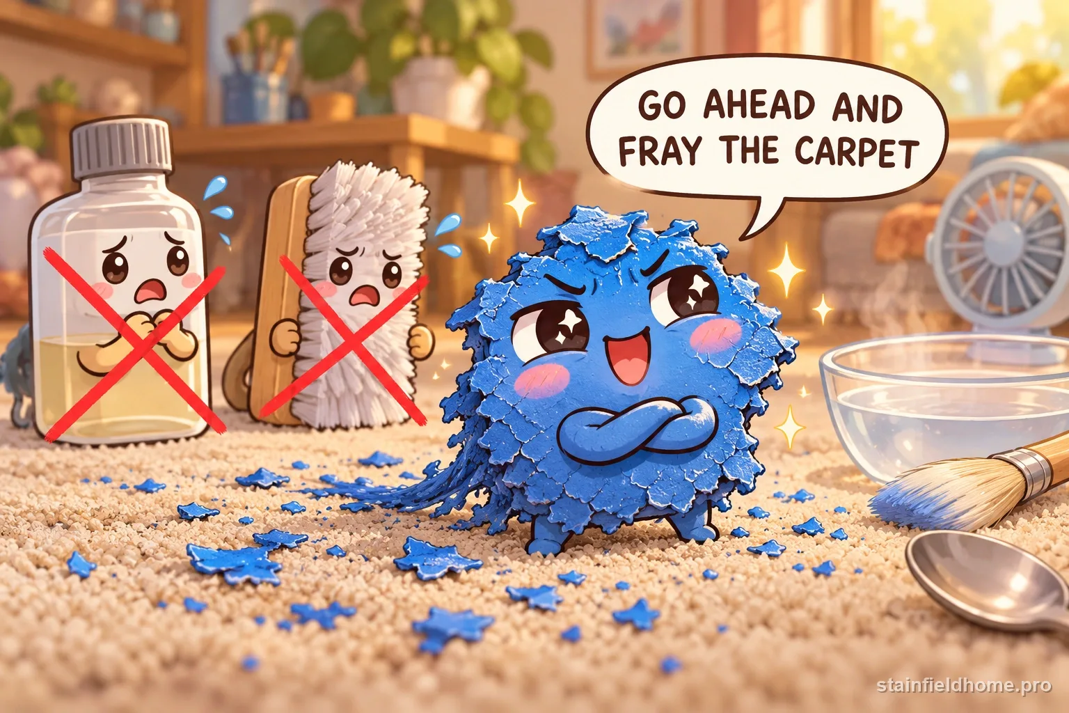 The dried acrylic paint character warns against a risky cleaning method for carpet, with a speech bubble reading “GO AHEAD AND FRAY THE CARPET”.