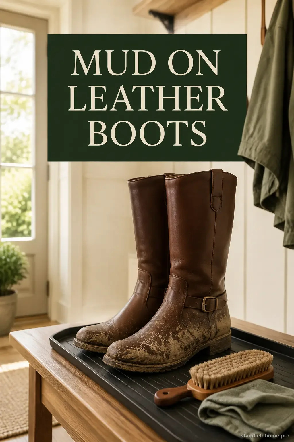 Brown smooth leather boots with dried mud beside a cleaning brush in an American mudroom